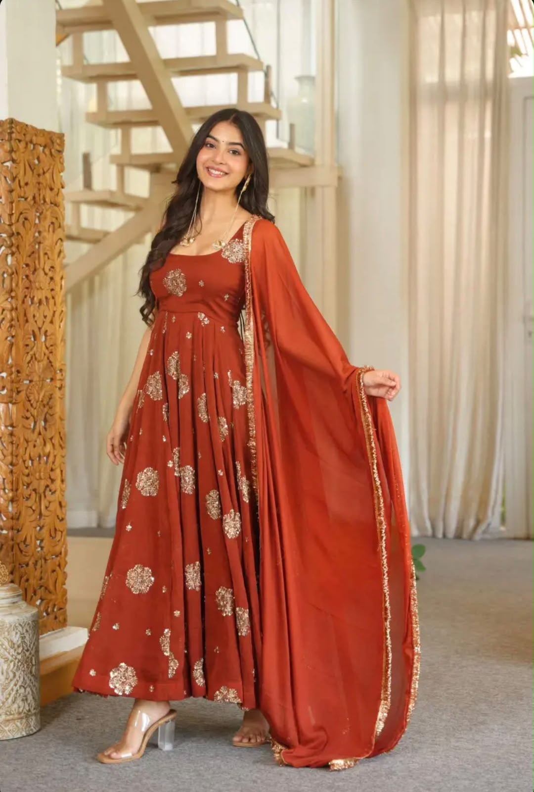 ZSR 3189 Rust Doremon Crush Gown with Lace Work & Mirror Work. Exclusive Offer ₹2399. Delivery 4-6 Working Days. Shop now. | Gowns, Bollywood Gowns, Creative Gowns, Designer Gowns, Embroidered Gowns, Party Wear Gowns