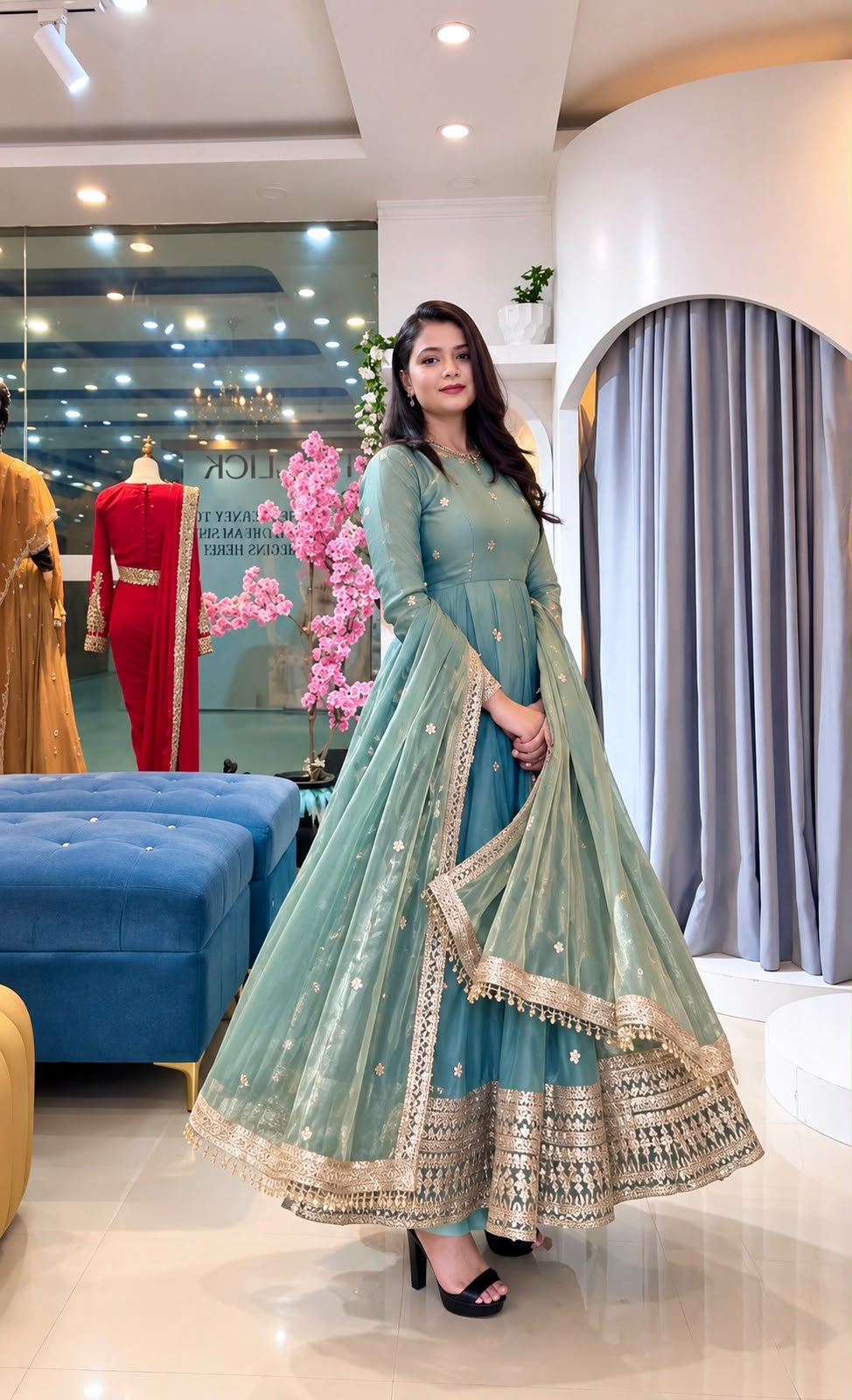 SSR 553 Teal Fendy Silk Gown with Sequins Work & Thread Embroidery. Now at just ₹2399. Delivery 4-6 Working Days. Shop now. | Gowns, Bollywood Gowns, Creative Gowns, Designer Gowns, Embroidered Gowns, Party Wear Gowns