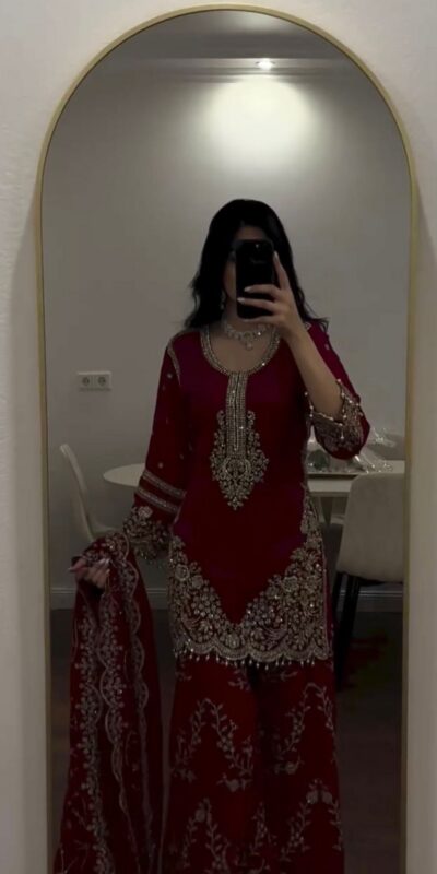 ZSR 3187 Maroon Faux Georgette Salwar Suit with Mirror Work & Embroidery Work. Get it for ₹2349. Delivery 4-6 Working Days. Shop now. | Jump Suits, Salwar suit, Casual Suits, Creative suits, Designer Suits, Palazzo Suits, Party Wear Suits, Patiala Suits, Straight Suits