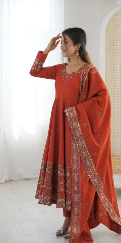 ZF 5016 Orange Roman Silk Gown with Embroidery Work. Wedding, Party, Festive, Events, Navratri, Exclusive Offer ₹2499. Delivery 4-6 Working Days. Shop now. | Gowns, Bollywood Gowns, Creative Gowns, Designer Gowns, Embroidered Gowns, Party Wear Gowns