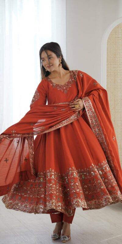 ZF 5016 Orange Roman Silk Gown with Embroidery Work. Wedding, Party, Festive, Events, Navratri, Exclusive Offer ₹2499. Delivery 4-6 Working Days. Shop now. | Gowns, Bollywood Gowns, Creative Gowns, Designer Gowns, Embroidered Gowns, Party Wear Gowns