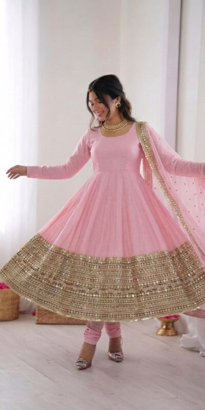 ZSR 3152 Pink Color Roman silk Gown with Embroidery Work & Lace Work. Grab it for ₹2599. Delivery 4-6 Working Days. Shop now. | Gowns, Bollywood Gowns, Creative Gowns, Designer Gowns, Embroidered Gowns, Party Wear Gowns