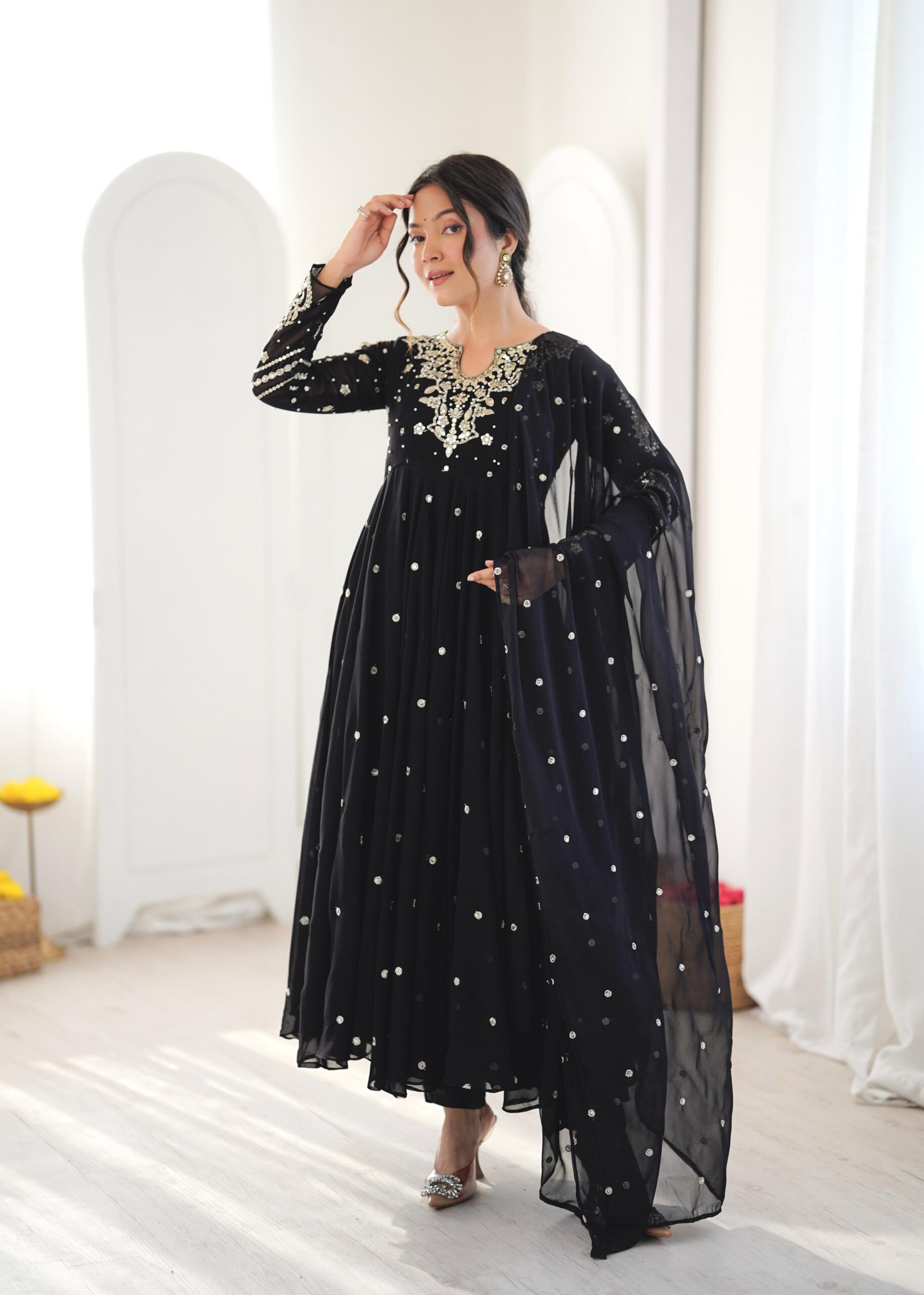 JF 056 Black Faux Georgette Salwar Suit with Mirror Work & Embroidery Work. Get it for ₹2349. Delivery 4-6 Working Days. Shop now. | Jump Suits, Salwar suit, Casual Suits, Creative suits, Designer Suits, Palazzo Suits, Party Wear Suits, Patiala Suits, Straight Suits