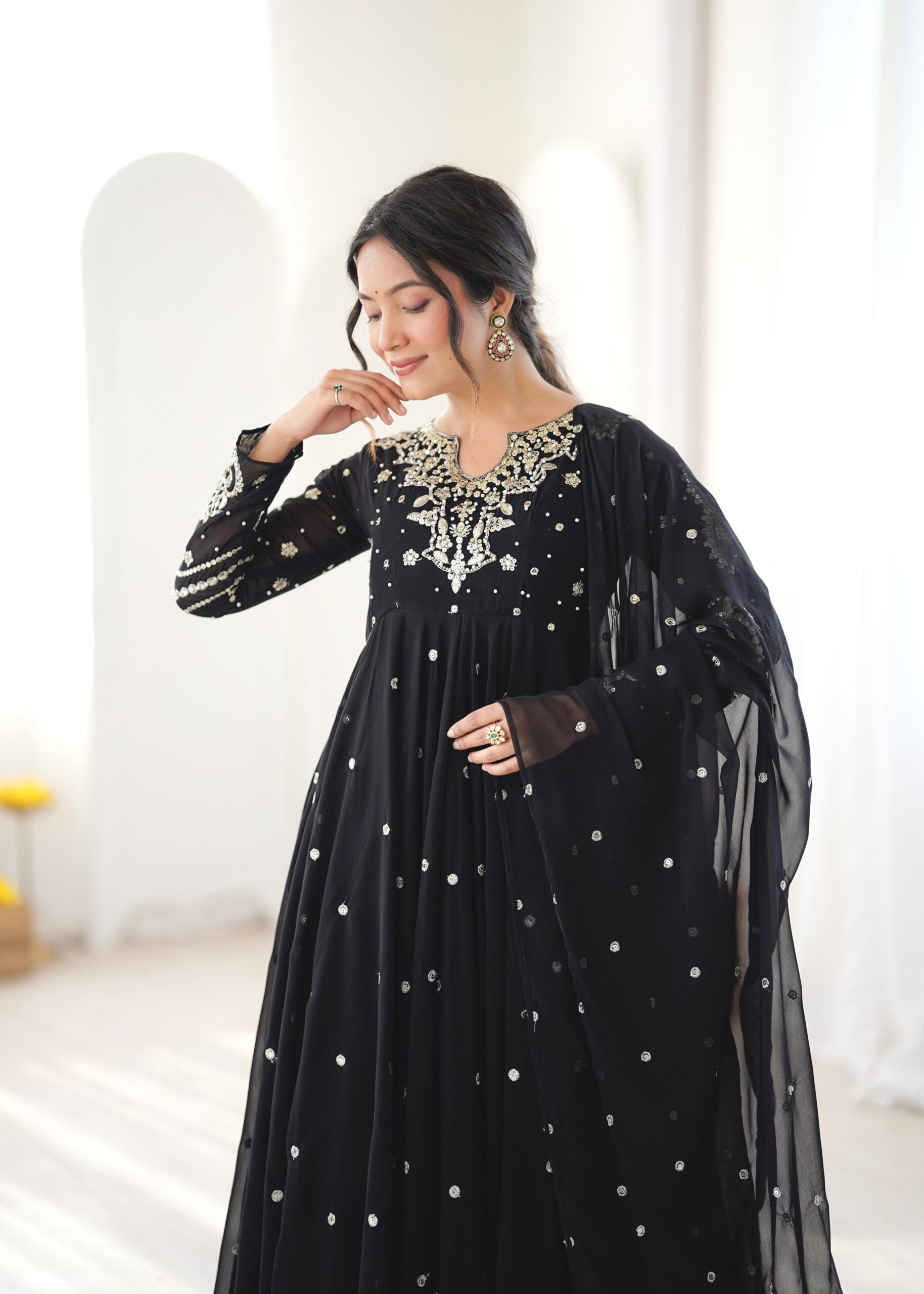 JF 056 Black Faux Georgette Salwar Suit with Mirror Work & Embroidery Work. Get it for ₹2349. Delivery 4-6 Working Days. Shop now. | Jump Suits, Salwar suit, Casual Suits, Creative suits, Designer Suits, Palazzo Suits, Party Wear Suits, Patiala Suits, Straight Suits