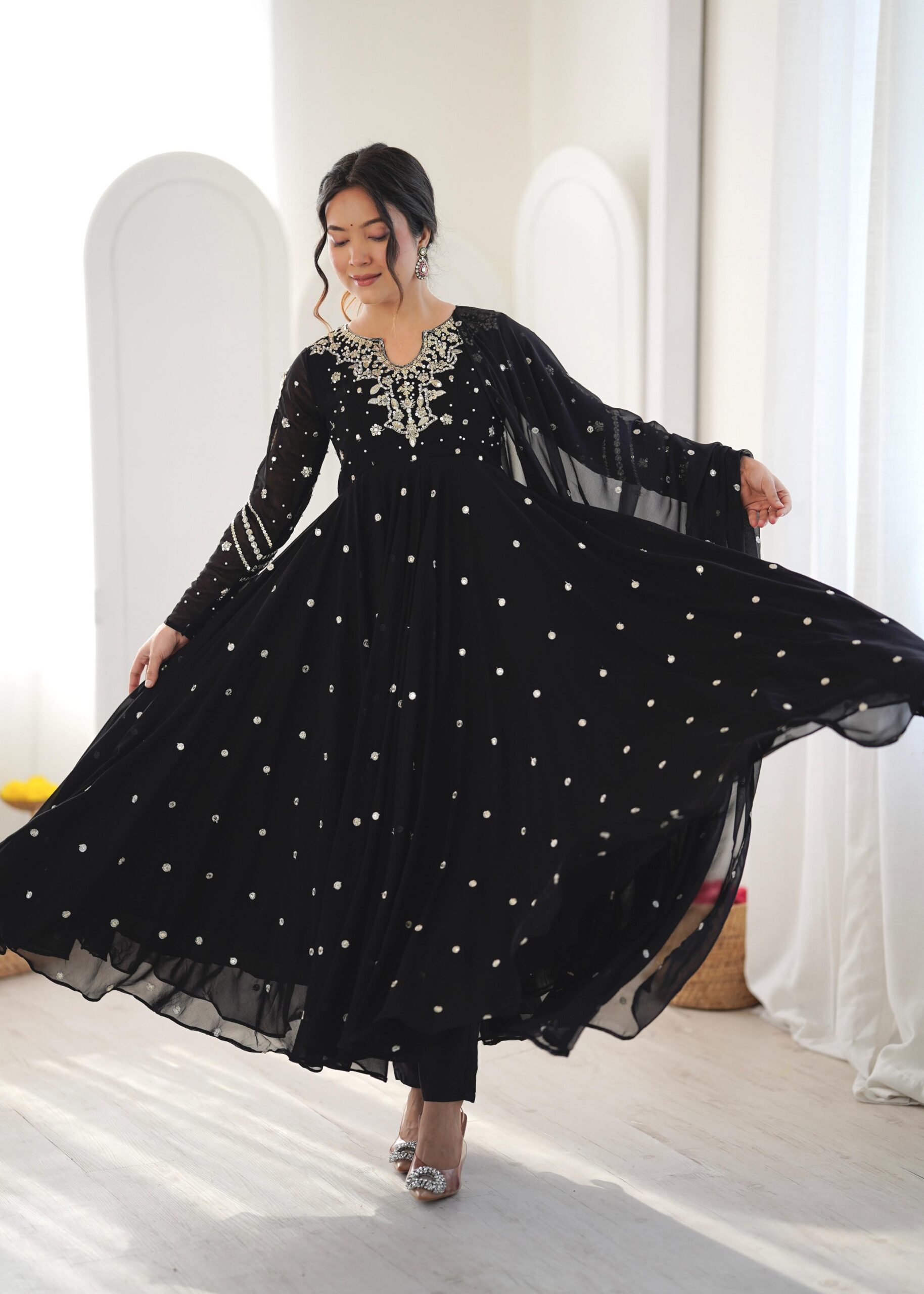 JF 056 Black Faux Georgette Salwar Suit with Mirror Work & Embroidery Work. Get it for ₹2349. Delivery 4-6 Working Days. Shop now. | Jump Suits, Salwar suit, Casual Suits, Creative suits, Designer Suits, Palazzo Suits, Party Wear Suits, Patiala Suits, Straight Suits