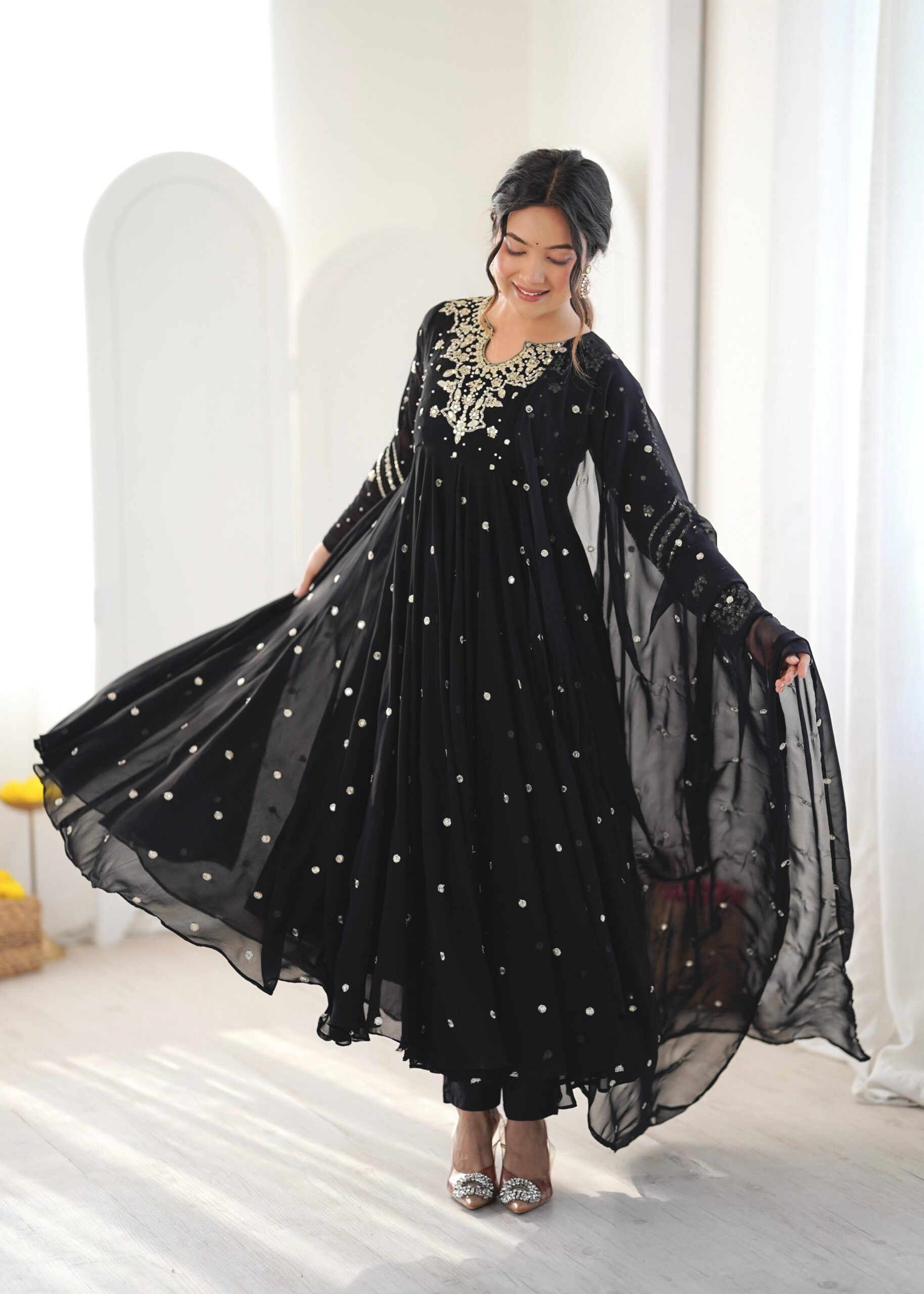 JF 056 Black Faux Georgette Salwar Suit with Mirror Work & Embroidery Work. Get it for ₹2349. Delivery 4-6 Working Days. Shop now. | Jump Suits, Salwar suit, Casual Suits, Creative suits, Designer Suits, Palazzo Suits, Party Wear Suits, Patiala Suits, Straight Suits