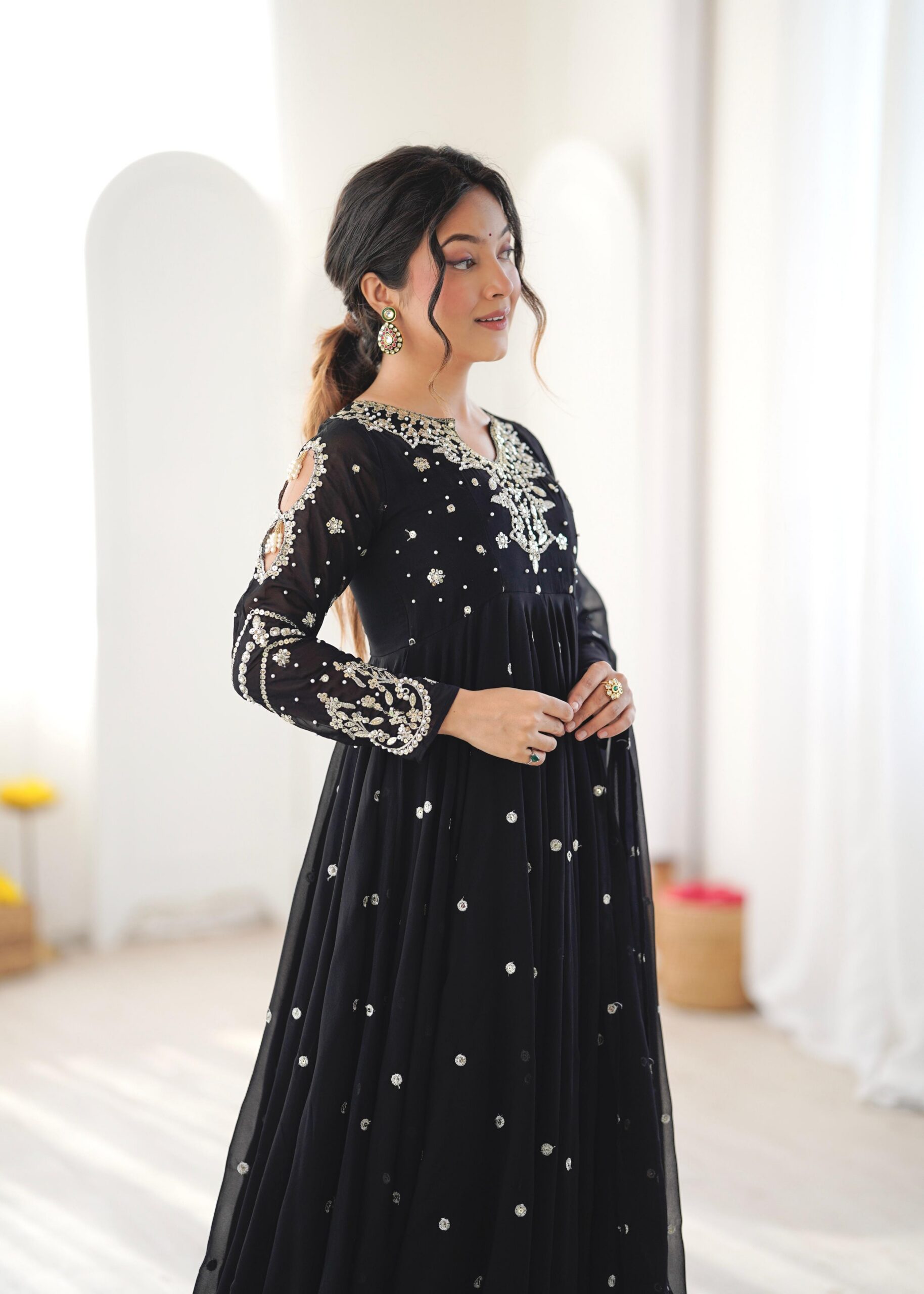 JF 056 Black Faux Georgette Salwar Suit with Mirror Work & Embroidery Work. Get it for ₹2349. Delivery 4-6 Working Days. Shop now. | Jump Suits, Salwar suit, Casual Suits, Creative suits, Designer Suits, Palazzo Suits, Party Wear Suits, Patiala Suits, Straight Suits