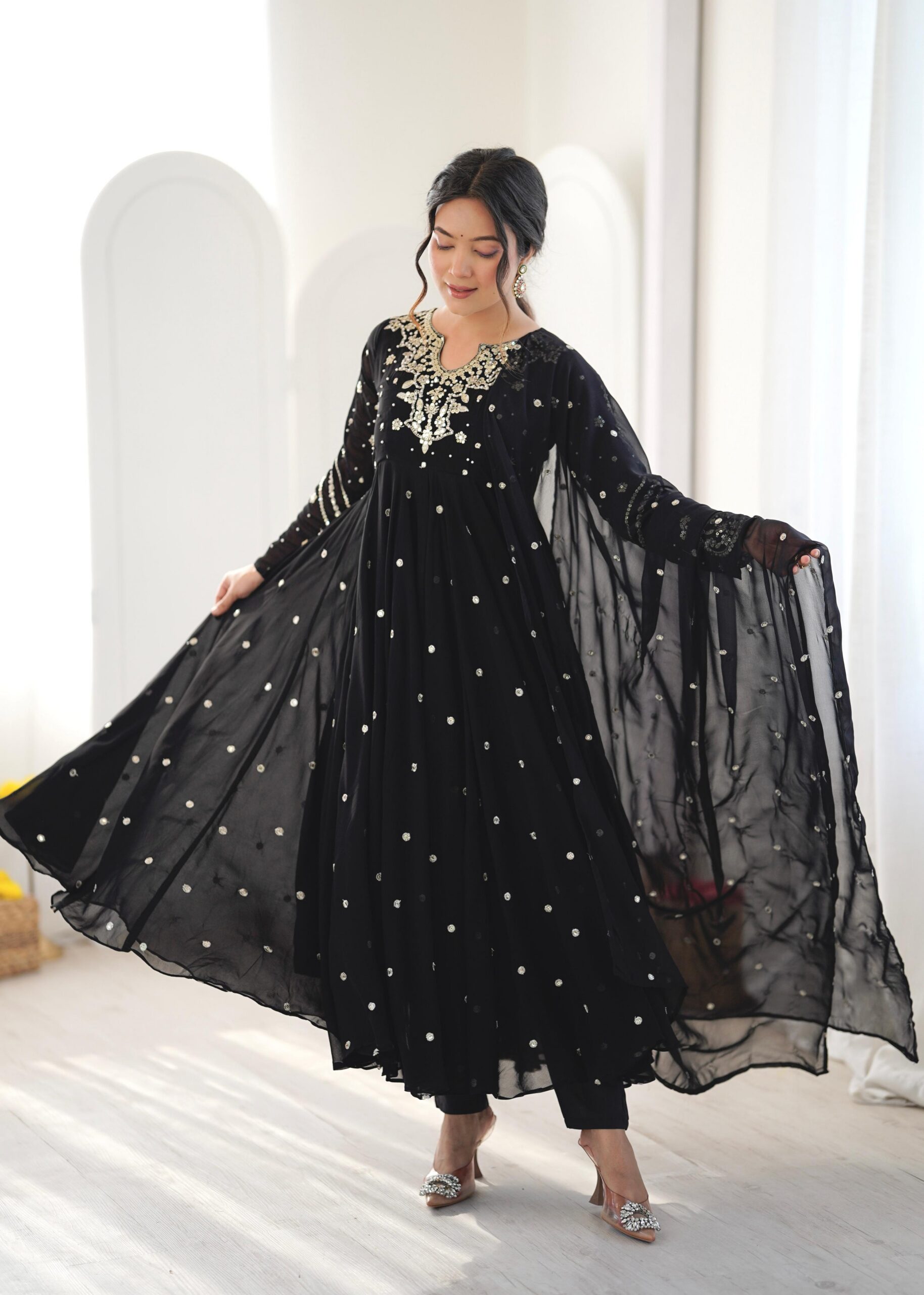 JF 056 Black Faux Georgette Salwar Suit with Mirror Work & Embroidery Work. Get it for ₹2349. Delivery 4-6 Working Days. Shop now. | Jump Suits, Salwar suit, Casual Suits, Creative suits, Designer Suits, Palazzo Suits, Party Wear Suits, Patiala Suits, Straight Suits