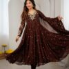 JF 056 Brown Faux Georgette Salwar Suit with Mirror Work & Embroidery Work. Get it for ₹2349. Delivery 4-6 Working Days. Shop now. | Jump Suits, Salwar suit, Casual Suits, Creative suits, Designer Suits, Palazzo Suits, Party Wear Suits, Patiala Suits, Straight Suits