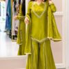 JF 054 Mehendi Color Roman Silk Salwar Suit with Embroidery Work. Available at ₹2399 only. Delivery 4-6 Working Days. Shop now. | Jump Suits, Salwar suit, Casual Suits, Creative suits, Designer Suits, Palazzo Suits, Party Wear Suits, Patiala Suits, Straight Suits