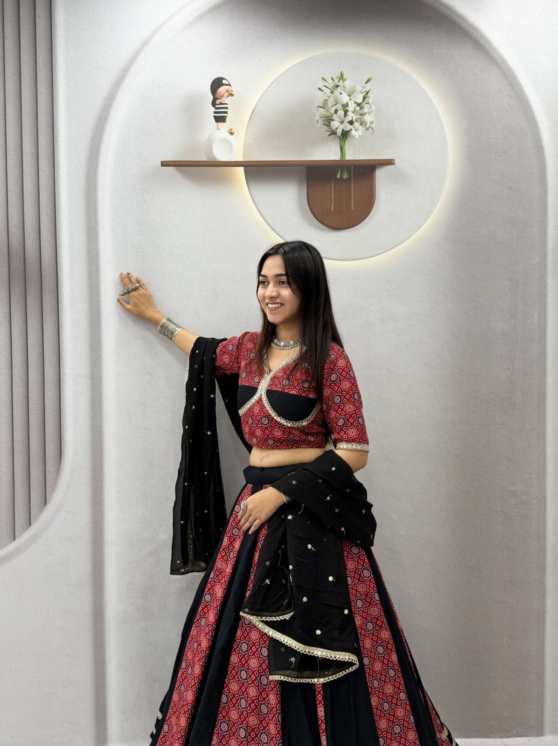Ram 198 Black in Pure Cotton Mirror Work & Gamthi Work Lehenga Choli . Exclusive Offer ₹3149. Delivery 4-6 Working Days. Shop now. | Lehenga, Bollywood Lehenga, Creative Lehenga, Designer Lehenga, Embroidered Lehenga, Party Wear Lehenga