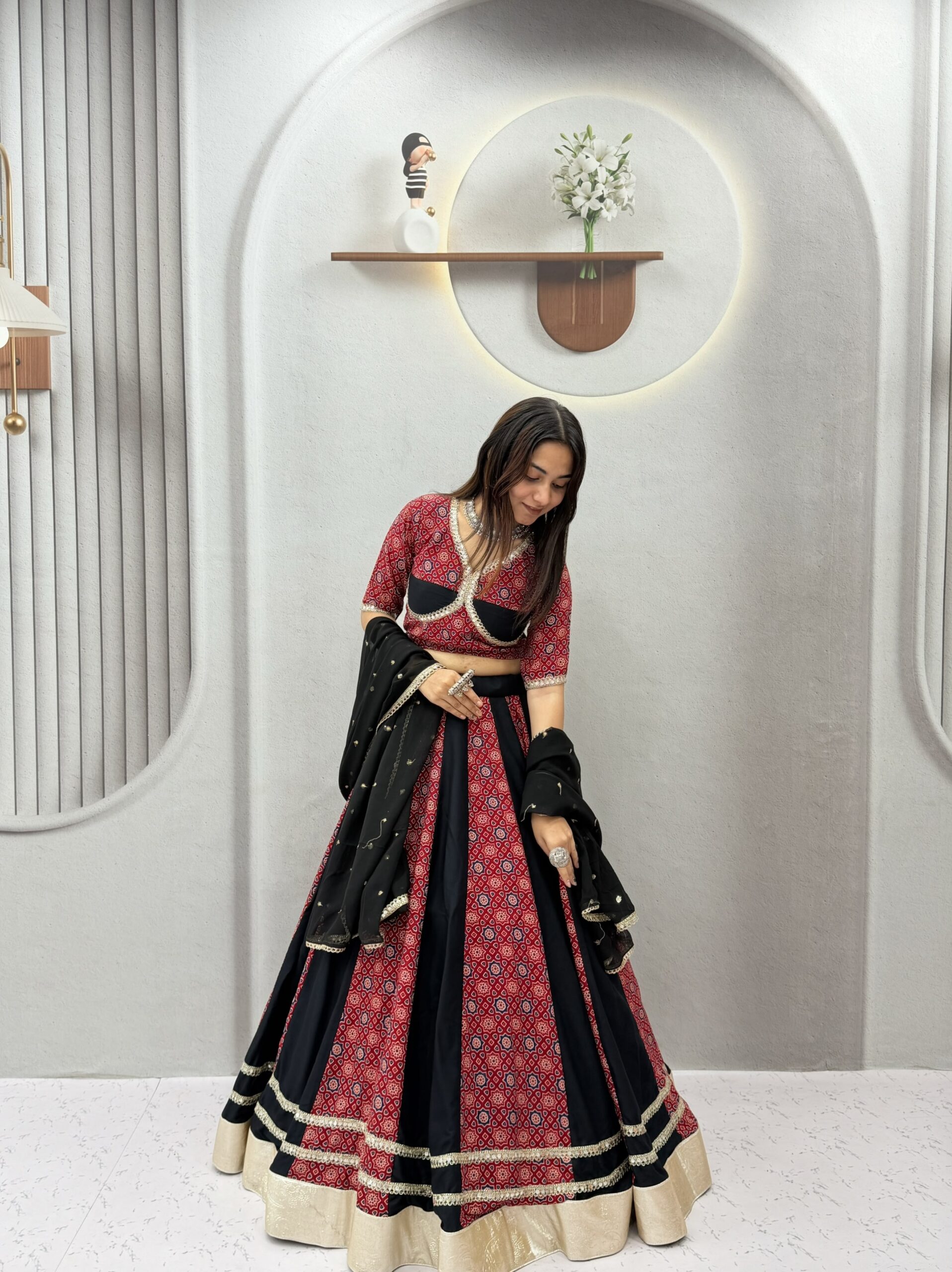 Ram 198 Black in Pure Cotton Mirror Work & Gamthi Work Lehenga Choli . Exclusive Offer ₹3149. Delivery 4-6 Working Days. Shop now. | Lehenga, Bollywood Lehenga, Creative Lehenga, Designer Lehenga, Embroidered Lehenga, Party Wear Lehenga