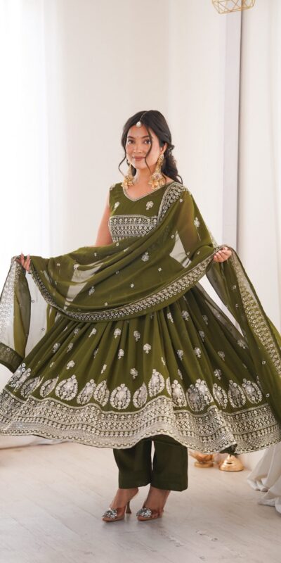 SP 91 Mehendi| Faux Georgette Salwar Suit with Lace Work & Digital Print. Introductory Price ₹2799. Delivery 4-6 Working Days. Shop now. | Anarkali Suits, Bollywood Anarkali, Creative-Anarkali, Designer Anarkali, Embroidered Anarkali, Party Wear Anarkali