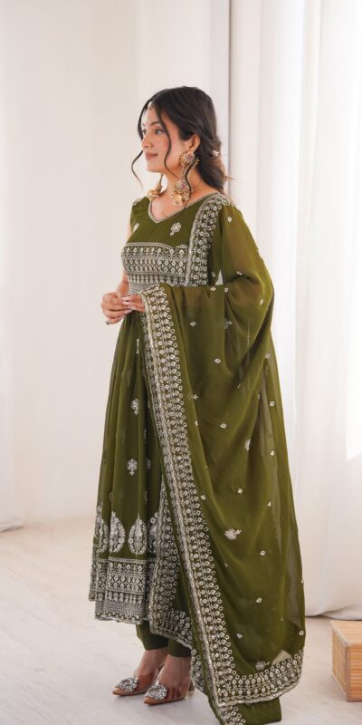 SP 91 Mehendi| Faux Georgette Salwar Suit with Lace Work & Digital Print. Introductory Price ₹2799. Delivery 4-6 Working Days. Shop now. | Anarkali Suits, Bollywood Anarkali, Creative-Anarkali, Designer Anarkali, Embroidered Anarkali, Party Wear Anarkali