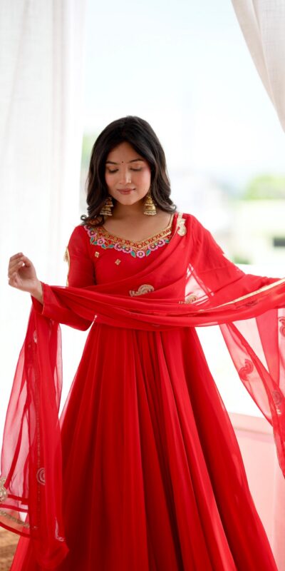 SRK 5363 Red Faux Georgette Gown with Sequins Work & Embroidery Work. Affordable Price ₹2099. Delivery 4-6 Working Days. Shop now. | Gowns, Bollywood Gowns, Creative Gowns, Designer Gowns, Embroidered Gowns, Party Wear Gowns