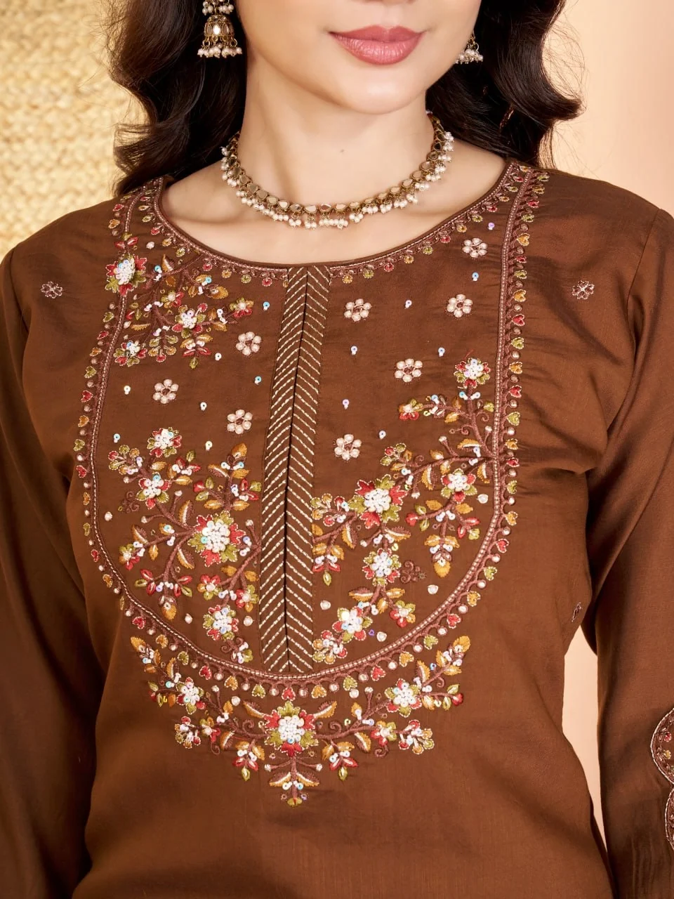 Alluring Brown Marina Silk Thread Work Salwar Suit - Image 5
