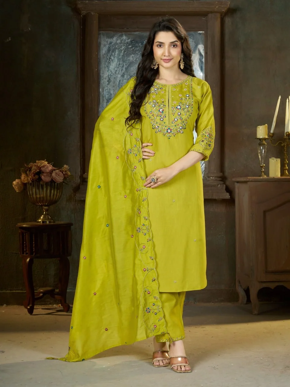 Alluring Light Green Marina Silk Thread Work Salwar Suit