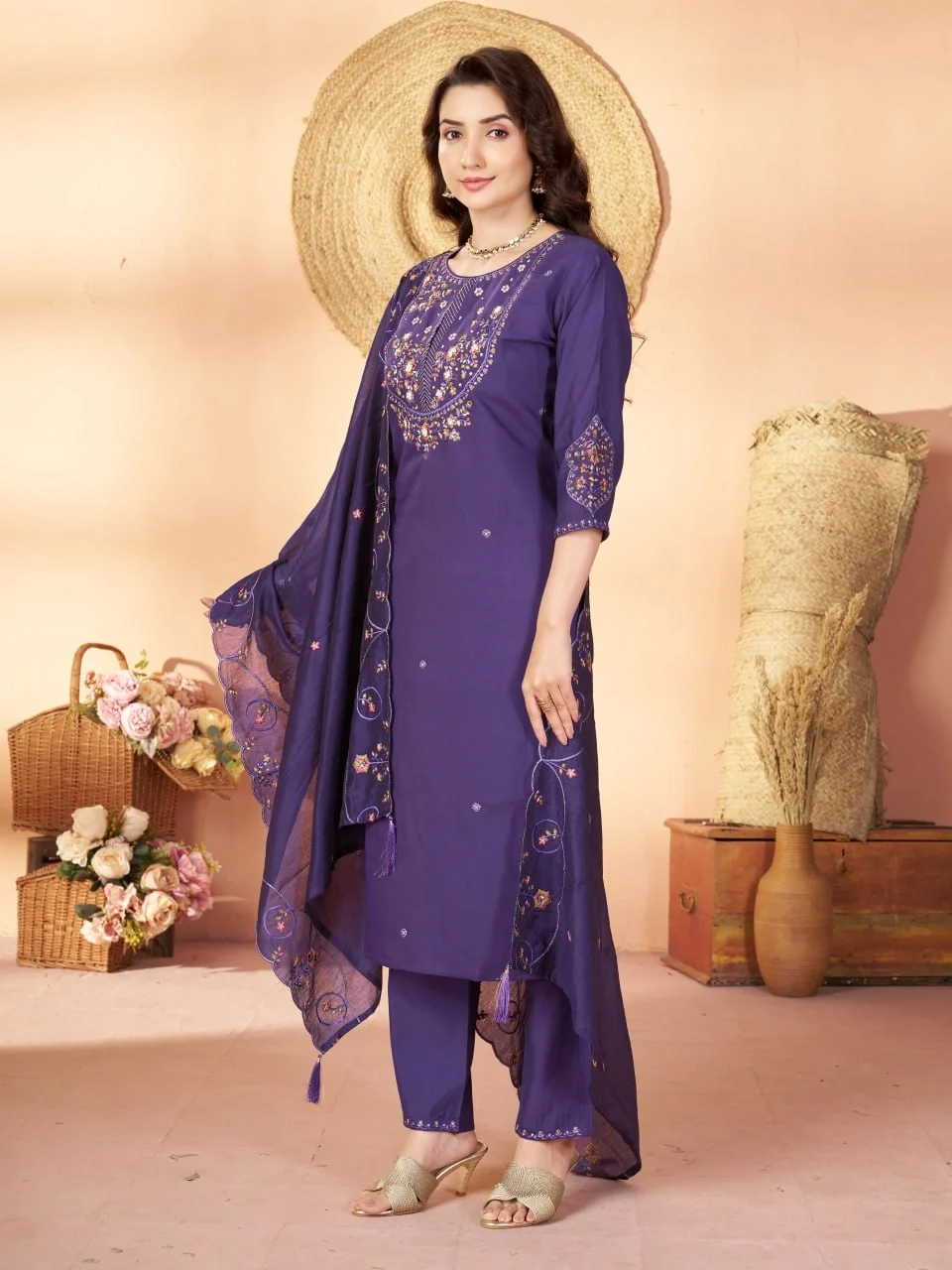 Alluring Purple Marina Silk Thread Work Salwar Suit - Image 3