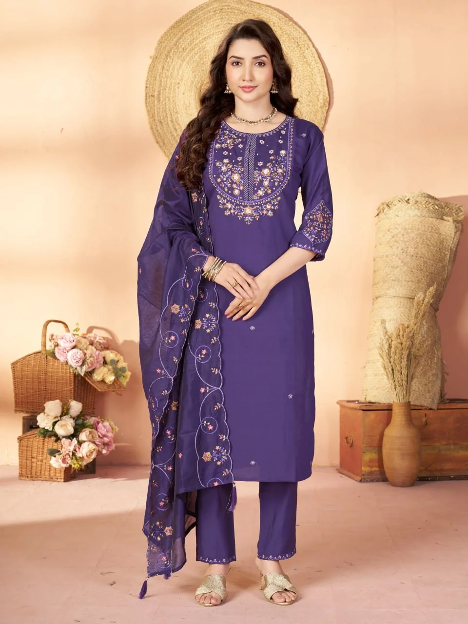 Alluring Purple Marina Silk Thread Work Salwar Suit