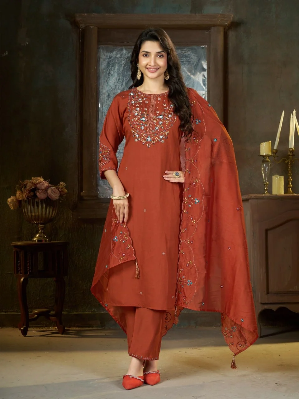 Alluring Rust Marina Silk Thread Work Salwar Suit