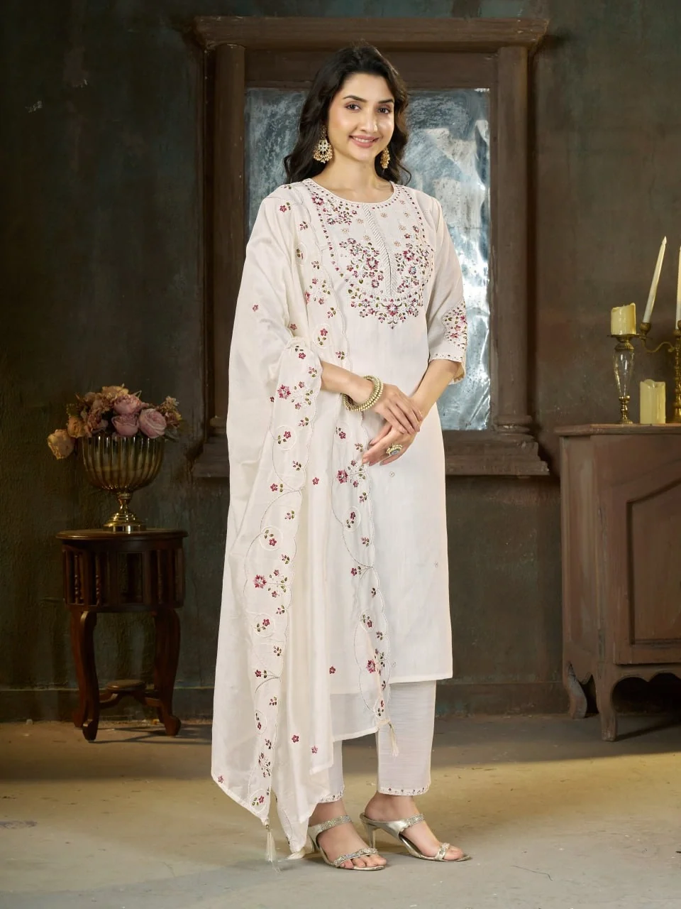 Alluring White Marina Silk Thread Work Salwar Suit - Image 3