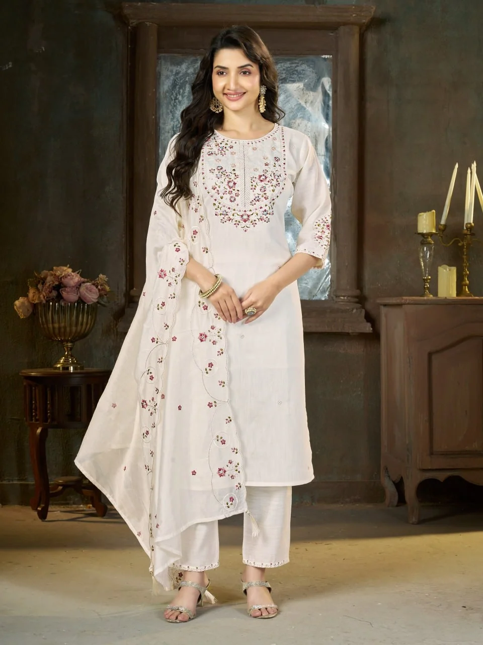 Alluring White Marina Silk Thread Work Salwar Suit