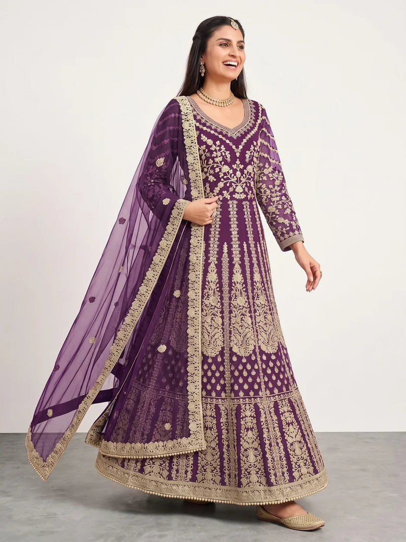 Super Purple Butterfly Net Sequins Work Salwar Suit - Image 5