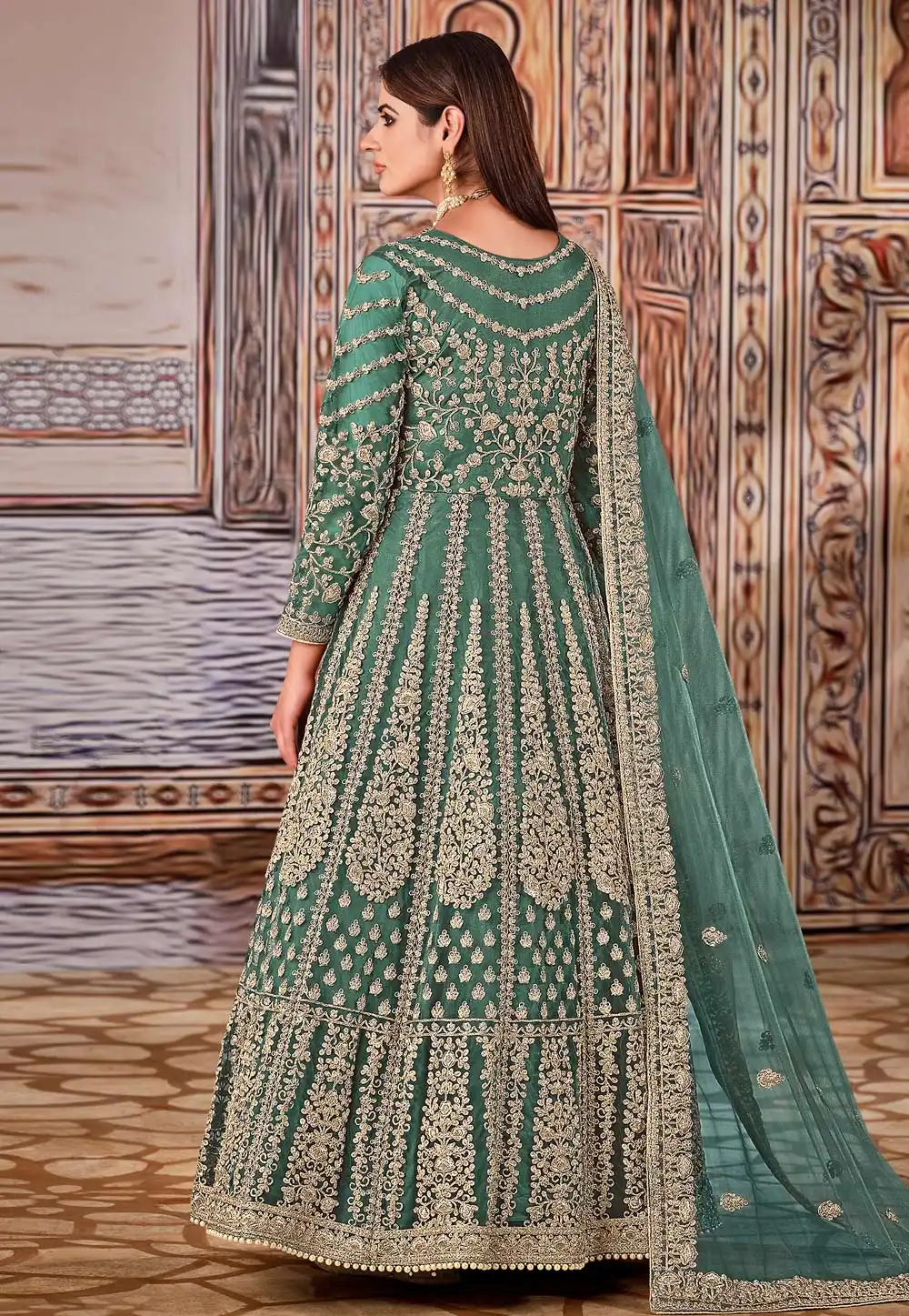 Super Sea Green Butterfly Net Sequins Work Salwar Suit
