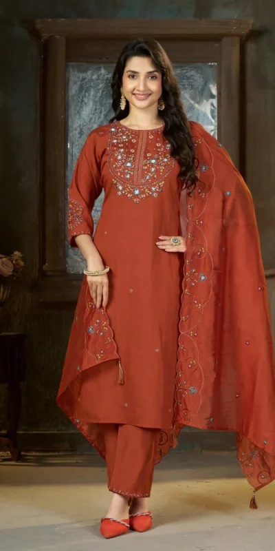 DIVA 177 Rust Thread Embroidery & Embroidery Work Salwar Suit in Brown Marina Silk. Now at just ₹2399. Delivery 4-6 Working Days. Shop now. | Jump Suits, Salwar suit, Casual Suits, Creative suits, Designer Suits, Palazzo Suits, Party Wear Suits, Patiala Suits, Straight Suits