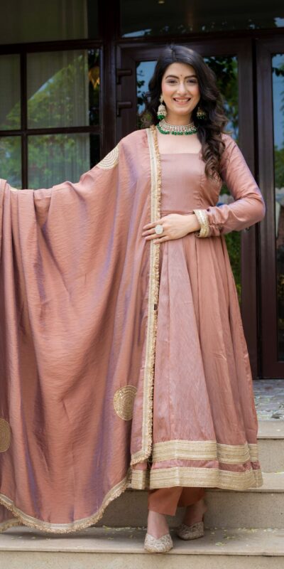 ND 5078 Brown Vichitra Salwar Suit with Sequins Work & Embroidery Work. Available at ₹2449 only. Delivery 4-6 Working Days. Shop now. | Anarkali Suits, Bollywood Anarkali, Creative-Anarkali, Designer Anarkali, Embroidered Anarkali, Party Wear Anarkali
