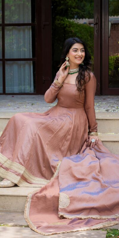 ND 5078 Brown Vichitra Salwar Suit with Sequins Work & Embroidery Work. Available at ₹2449 only. Delivery 4-6 Working Days. Shop now. | Anarkali Suits, Bollywood Anarkali, Creative-Anarkali, Designer Anarkali, Embroidered Anarkali, Party Wear Anarkali