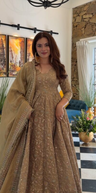 SR 1726 Chiku Fendy Silk Gown with Embroidery Work & Sequins Work. Special Price ₹2899. Delivery 4-6 Working Days. Shop now. | Gowns, Bollywood Gowns, Creative Gowns, Designer Gowns, Embroidered Gowns, Party Wear Gowns