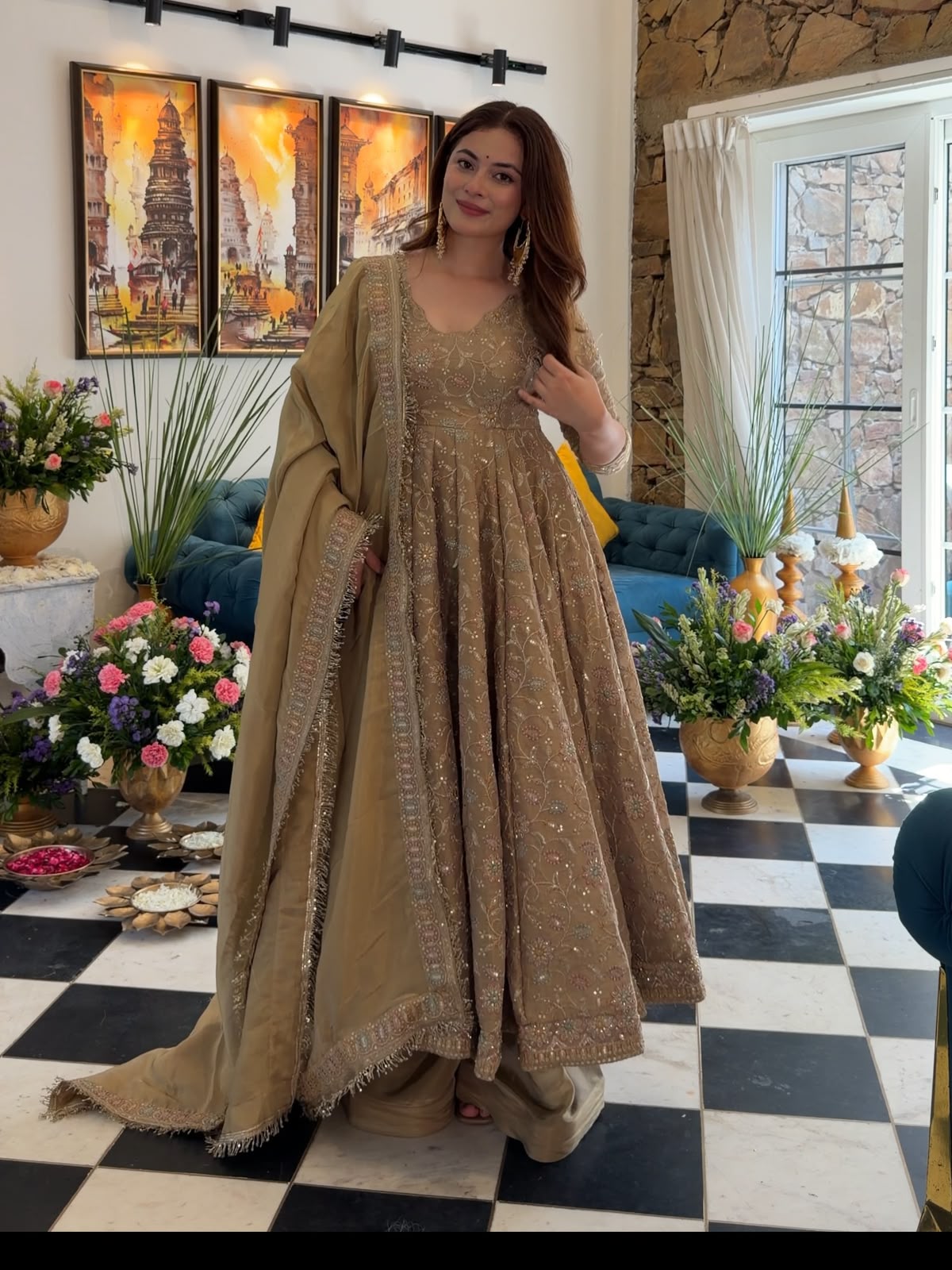 SR 1726 Chiku Fendy Silk Gown with Embroidery Work & Sequins Work. Special Price ₹2899. Delivery 4-6 Working Days. Shop now. | Gowns, Bollywood Gowns, Creative Gowns, Designer Gowns, Embroidered Gowns, Party Wear Gowns
