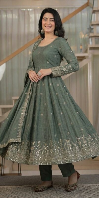 ND 5065 Grey Embroidery Work & Sequins Work Salwar Suit in Peach Crunchy Silk. Festive Deal ₹2449. Delivery 4-6 Working Days. Shop now. | Anarkali Suits, Bollywood Anarkali, Creative-Anarkali, Designer Anarkali, Embroidered Anarkali, Party Wear Anarkali