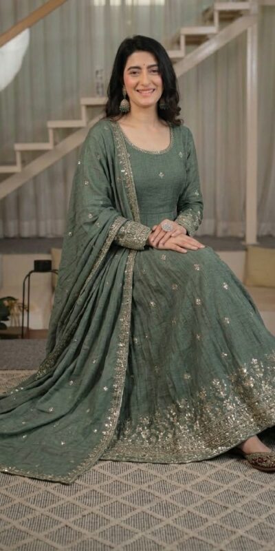 ND 5065 Grey Embroidery Work & Sequins Work Salwar Suit in Peach Crunchy Silk. Festive Deal ₹2449. Delivery 4-6 Working Days. Shop now. | Anarkali Suits, Bollywood Anarkali, Creative-Anarkali, Designer Anarkali, Embroidered Anarkali, Party Wear Anarkali