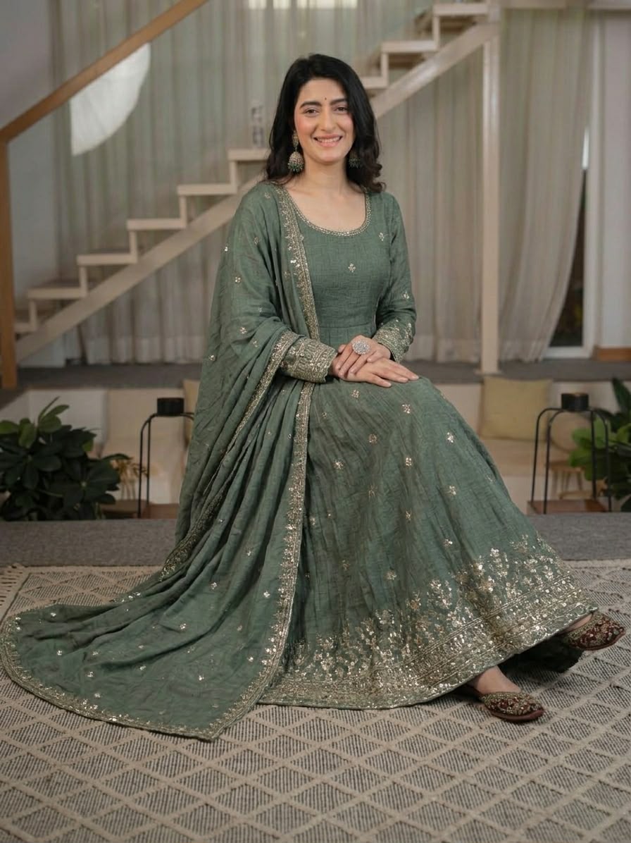 ND 5065 Grey Embroidery Work & Sequins Work Salwar Suit in Peach Crunchy Silk. Festive Deal ₹2449. Delivery 4-6 Working Days. Shop now. | Anarkali Suits, Bollywood Anarkali, Creative-Anarkali, Designer Anarkali, Embroidered Anarkali, Party Wear Anarkali