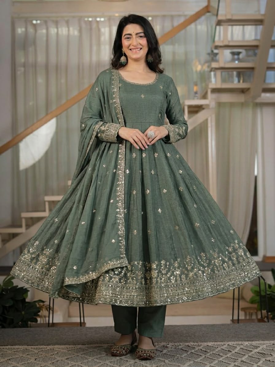 ND 5065 Grey Embroidery Work & Sequins Work Salwar Suit in Peach Crunchy Silk. Festive Deal ₹2449. Delivery 4-6 Working Days. Shop now. | Anarkali Suits, Bollywood Anarkali, Creative-Anarkali, Designer Anarkali, Embroidered Anarkali, Party Wear Anarkali