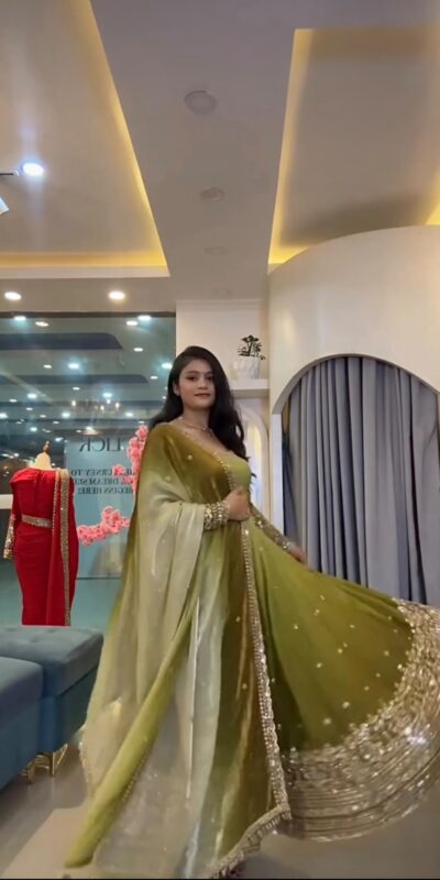 SR 1725 Mehendi Faux Georgette Gown with Mirror Work & Embroidery Work. Get it for ₹2449. Delivery 4-6 Working Days. Online Shop now. | Gowns, Bollywood Gowns, Creative Gowns, Designer Gowns, Embroidered Gowns, Party Wear Gowns