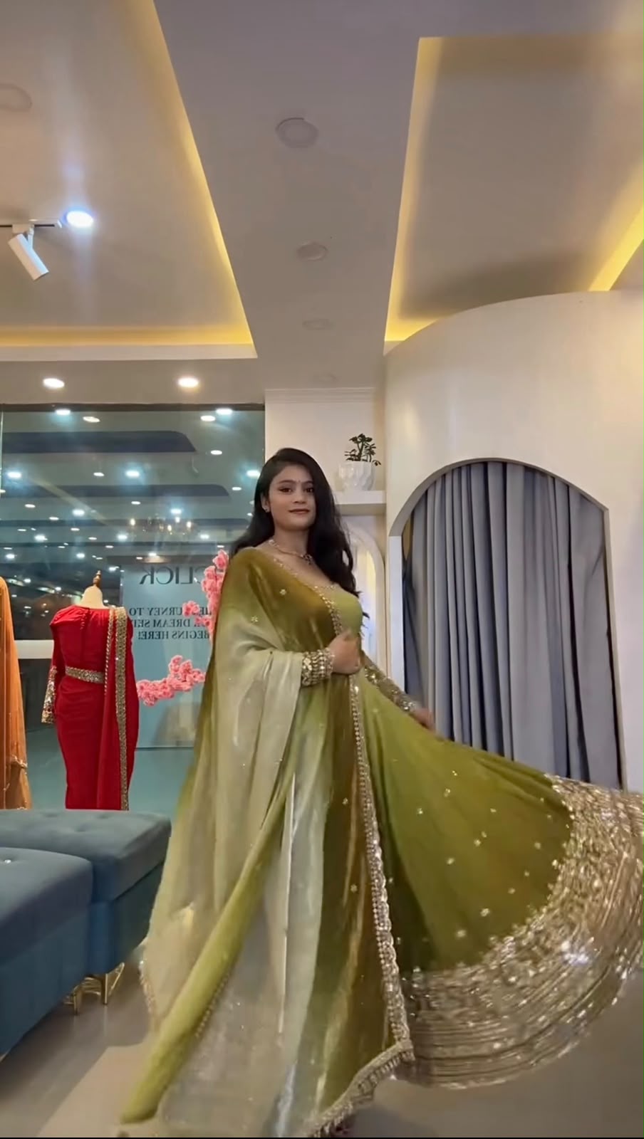 SR 1725 Mehendi Faux Georgette Gown with Mirror Work & Embroidery Work. Get it for ₹2449. Delivery 4-6 Working Days. Online Shop now. | Gowns, Bollywood Gowns, Creative Gowns, Designer Gowns, Embroidered Gowns, Party Wear Gowns