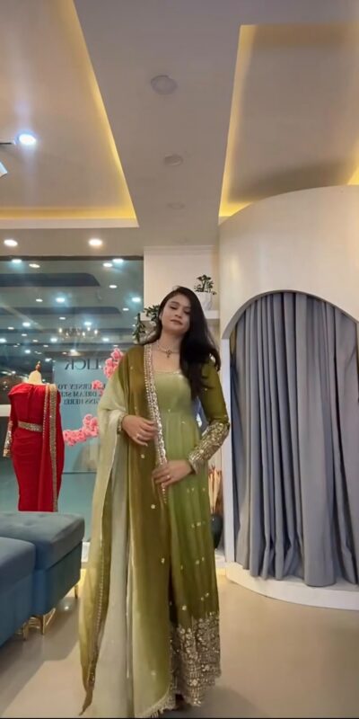 SR 1725 Mehendi Faux Georgette Gown with Mirror Work & Embroidery Work. Get it for ₹2449. Delivery 4-6 Working Days. Online Shop now. | Gowns, Bollywood Gowns, Creative Gowns, Designer Gowns, Embroidered Gowns, Party Wear Gowns