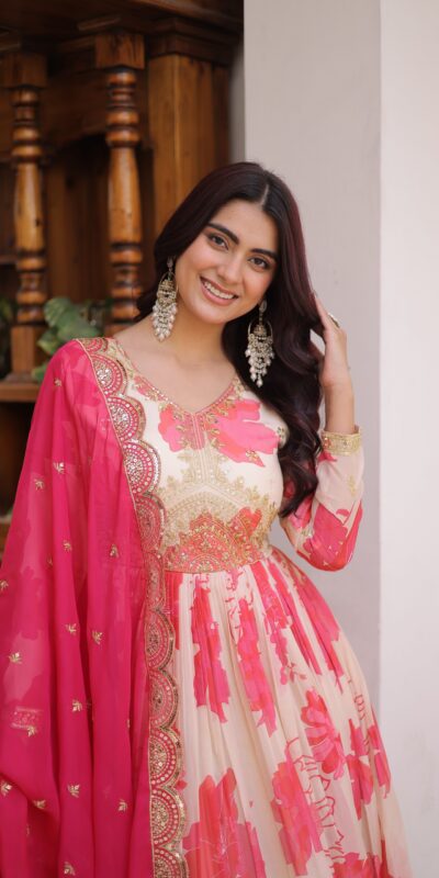 KA 1242 Pink in Russian Silk Embroidery Work & Zari Work Gown . Exclusive Offer ₹2849. Delivery 4-6 Working Days. Shop now. | Gowns, Bollywood Gowns, Creative Gowns, Designer Gowns, Embroidered Gowns, Party Wear Gowns