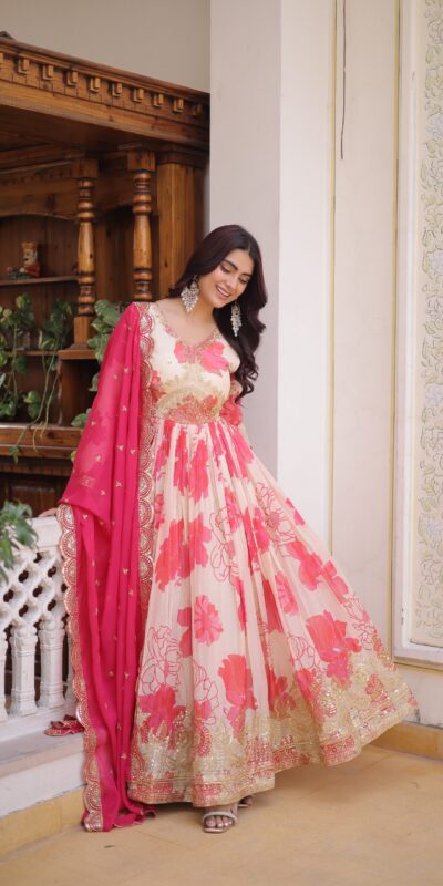 KA 1242 Pink in Russian Silk Embroidery Work & Zari Work Gown . Exclusive Offer ₹2849. Delivery 4-6 Working Days. Shop now. | Gowns, Bollywood Gowns, Creative Gowns, Designer Gowns, Embroidered Gowns, Party Wear Gowns