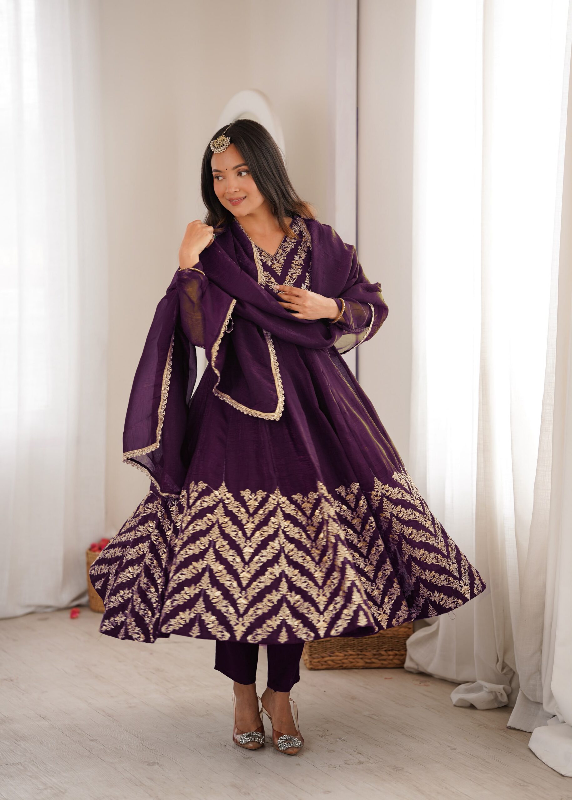 JF 050 Purple Embroidery Work & Sequins Work Salwar Suit in Peach Crunchy Silk. Festive Deal ₹2099. Delivery 4-6 Working Days. Shop now. | Anarkali Suits, Bollywood Anarkali, Creative-Anarkali, Designer Anarkali, Embroidered Anarkali, Party Wear Anarkali