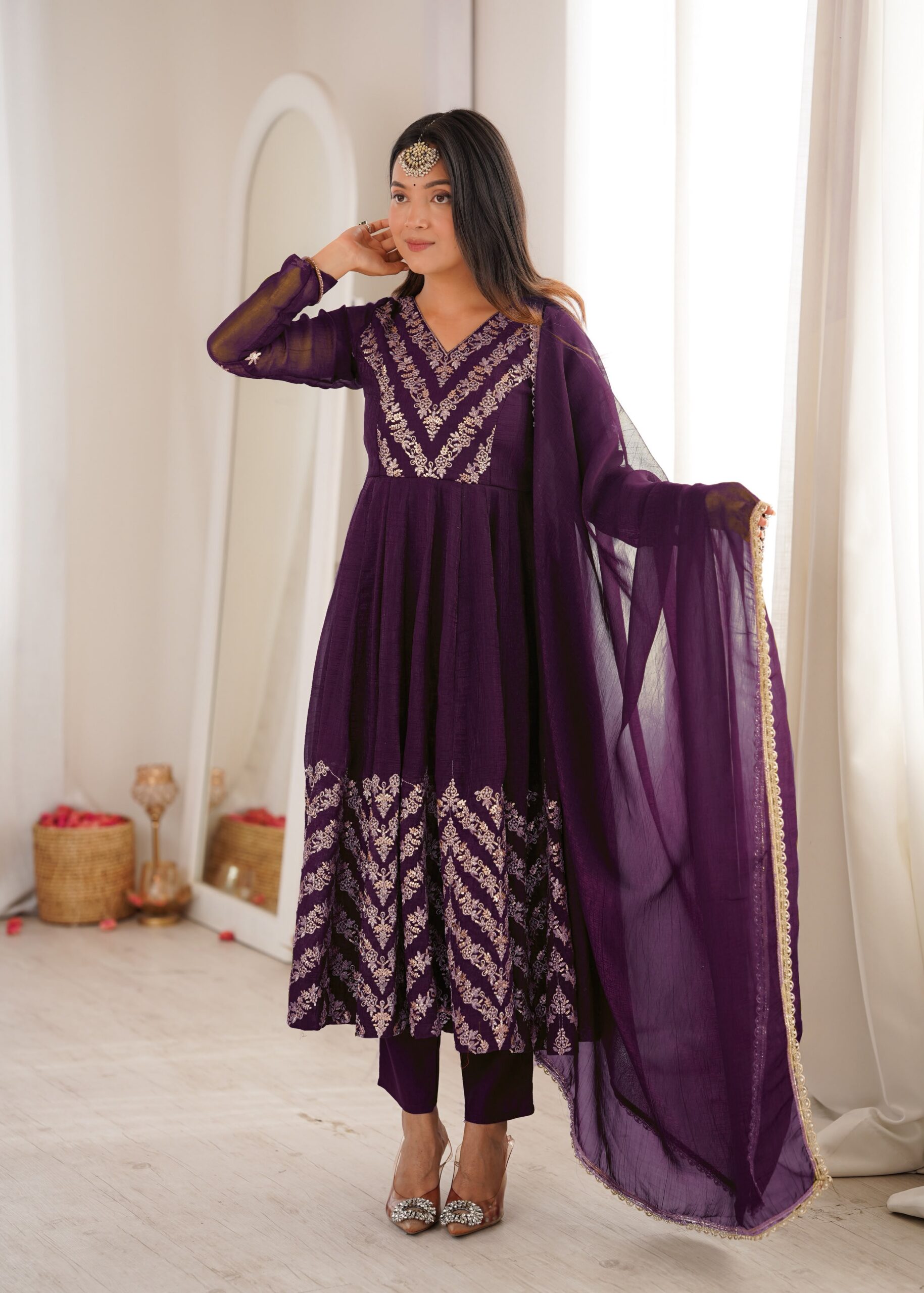 JF 050 Purple Embroidery Work & Sequins Work Salwar Suit in Peach Crunchy Silk. Festive Deal ₹2099. Delivery 4-6 Working Days. Shop now. | Anarkali Suits, Bollywood Anarkali, Creative-Anarkali, Designer Anarkali, Embroidered Anarkali, Party Wear Anarkali