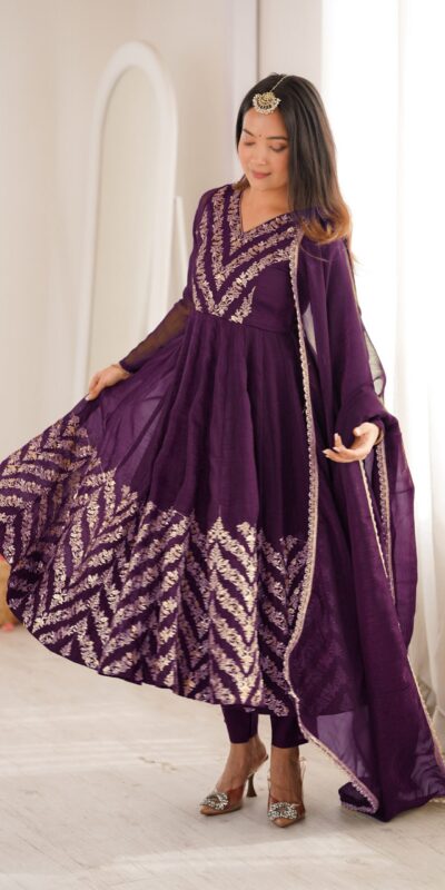 JF 050 Purple Embroidery Work & Sequins Work Salwar Suit in Peach Crunchy Silk. Festive Deal ₹2099. Delivery 4-6 Working Days. Shop now. | Anarkali Suits, Bollywood Anarkali, Creative-Anarkali, Designer Anarkali, Embroidered Anarkali, Party Wear Anarkali
