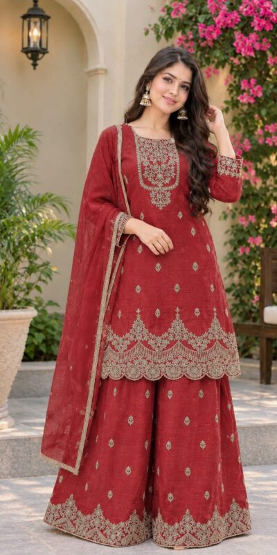 ND 5081 Red Crunchy Silk Salwar Suit with Embroidery Work. Wedding, Party, Festive, Events Best Price ₹2399. Delivery 4-6 Working Days. Shop now. | Jump Suits, Salwar suit, Casual Suits, Creative suits, Designer Suits, Palazzo Suits, Party Wear Suits, Patiala Suits, Straight Suits