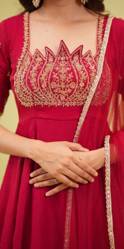 ST 1214 Red Fendy Crush Gown with Embroidery Work & Sequins Work. Special Price ₹2449. Delivery 4-6 Working Days. Shop now. | Gowns, Bollywood Gowns, Creative Gowns, Designer Gowns, Embroidered Gowns, Party Wear Gowns