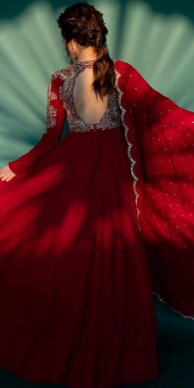 ST 1109 Red Chinon Gown. Perfect for Wedding, Party, Mehendi, Eid, Housewarming – Best Price ₹2149. Delivery 4-6 Working Days. Shop now. | Gowns, Bollywood Gowns, Creative Gowns, Designer Gowns, Embroidered Gowns, Party Wear Gowns