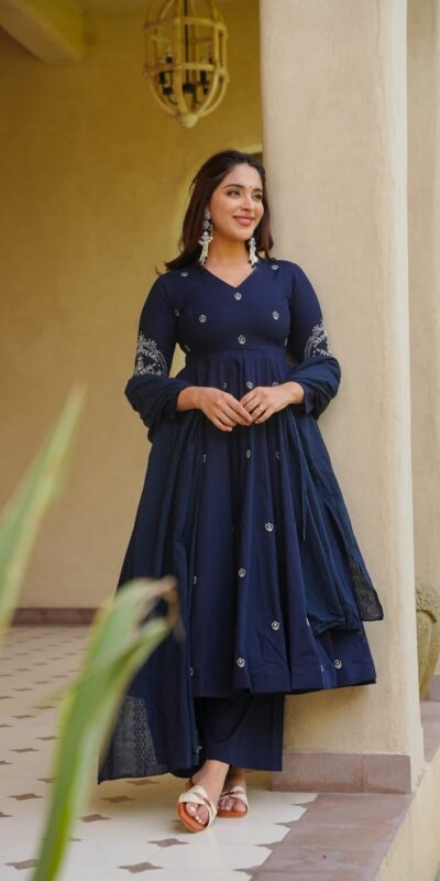 NF 1288 Navy Blue Colour Roman Silk Salwar Suit with Embroidery Work. Best Price ₹2399. Delivery 4-6 Working Days. Online Shop now. | Anarkali Suits, Bollywood Anarkali, Creative-Anarkali, Designer Anarkali, Embroidered Anarkali, Party Wear Anarkali