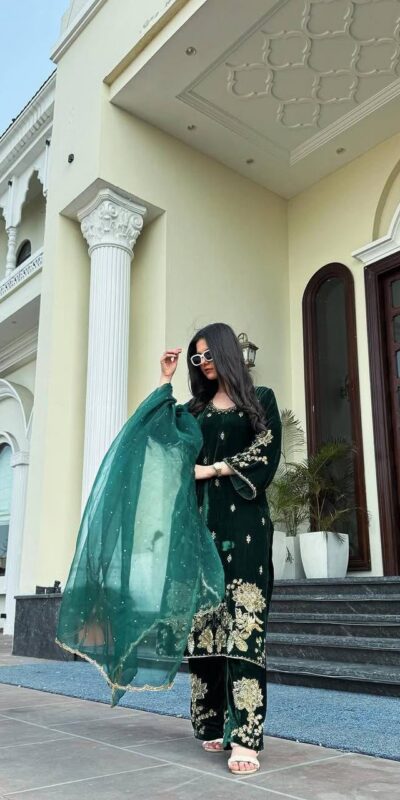 ND 5028 Green Viscose Velvet Salwar Suit with Embroidery Work & Lace Work. Grab it for ₹2349. Delivery 4-6 Working Days. Shop now. | Jump Suits, Salwar suit, Casual Suits, Creative suits, Designer Suits, Palazzo Suits, Party Wear Suits, Patiala Suits, Straight Suits